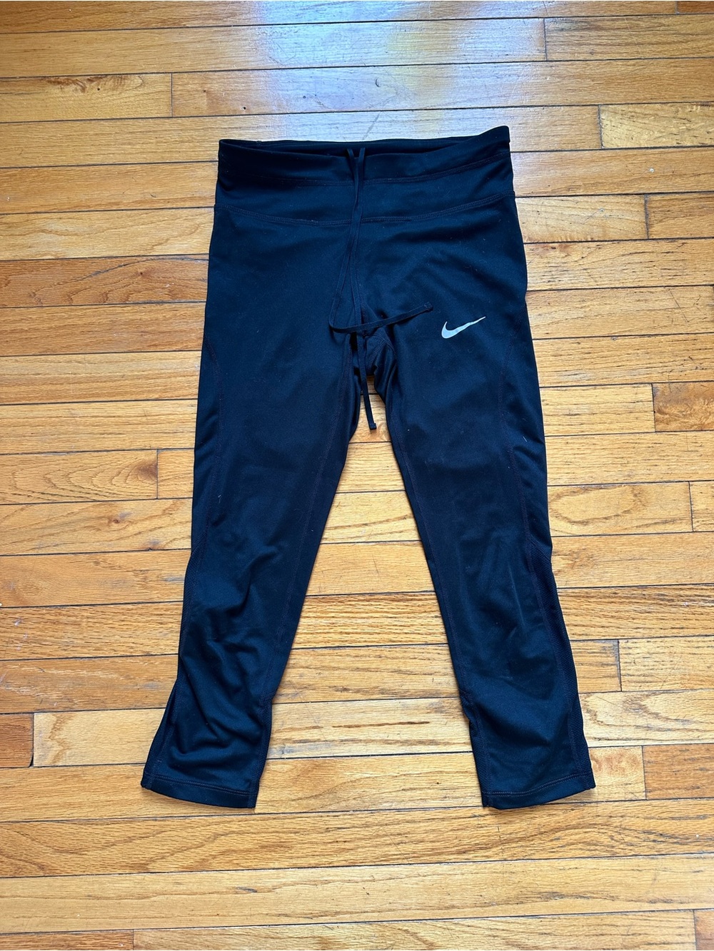 Nike Black Capri Drawstring Leggings with White Swoosh